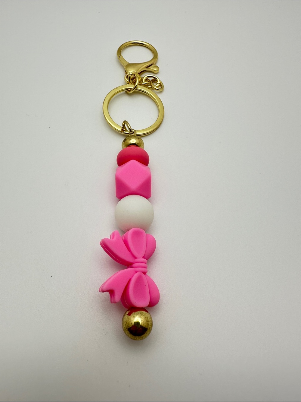 Pink Bow Bead Keychain with Gold Hardware